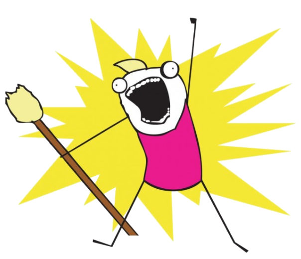 Image representing the 'All the Things' meme. A stick figure holding a broom with the bristle aloft, other arm extended and yelling cheerfully. With a splash of yellow color behind them